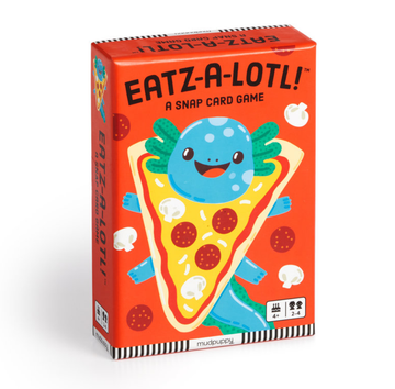 Eatz-a-lotl! Card Game - Eatz-a-lotl! handmade Canadian card game box with playful otter holding pizza slice, bright orange gift packaging.