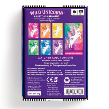 Wild Unicorn! Card Game - Purple box of Wild Unicorn! card game with colorful unicorn illustrations, handmade Canadian gift.