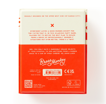 Not Today, Murder Game - Not Today, Murder Game box back with red and white design, unique handmade Canadian gift packaging.