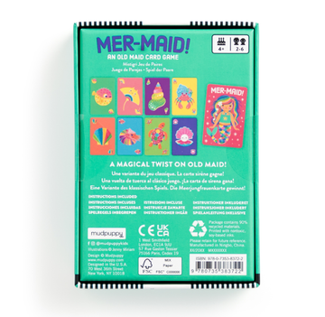 MER-MAID! Card Game - Back of unique handmade Canadian MER-MAID! card game box with colorful illustrations and game details, ideal gift for kids.