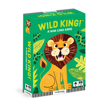 Wild King! Card Game - Wild King! card game box with illustrated lion and green jungle leaves, unique handmade Canadian gift for kids ages 5-7.