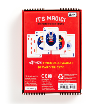 It's Magic! Card Game - Red box of It's Magic! card game with 10 card tricks, handmade Canadian gift for kids aged 5-7.