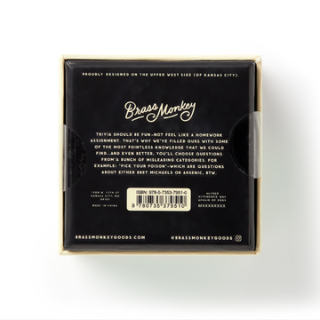 Incredibly Pointless Trivia - Black compact trivia game box with gold and white text, featuring unique Canadian handmade design and barcode label on back.