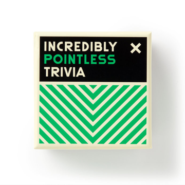 Incredibly Pointless Trivia - Square box of Incredibly Pointless Trivia game with bold black and green geometric design, unique handmade Canadian gift.