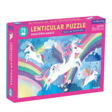 Unicorn Magic 75 Piece Lenticular Puzzle - Unicorn Magic 75-piece handmade lenticular puzzle with flying unicorns and rainbows, unique Canadian gift.