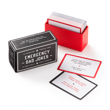 Emergency Dad Jokes - Handmade Canadian emergency dad jokes card set in red box, unique cheeky gift for Father's Day.