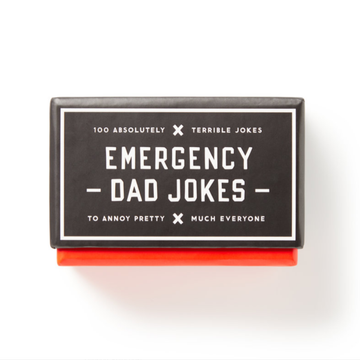 Emergency Dad Jokes - Black box with white text labeled Emergency Dad Jokes, a unique handmade Canadian gift with 100 absolutely terrible jokes.