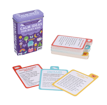 Calm Ideas for Busy Kids: Mindful Edition - Purple tin box with colorful Calm Ideas for Busy Kids Mindful Edition cards, unique handmade Canadian gift.