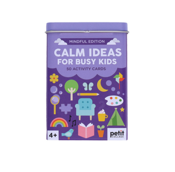 Calm Ideas for Busy Kids: Mindful Edition - Purple tin box with "Calm Ideas for Busy Kids" mindful activity cards, colorful playful illustrations, handmade Canadian gift.