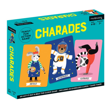 Charades - Colorful Canadian handmade Charades game box for kids, unique gift with illustrated animal cards.