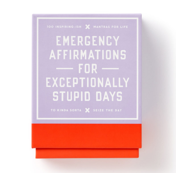 Emergency Affirmations for Exceptionally Stupid Days Card Deck - Lavender and orange handmade Canadian card deck titled Emergency Affirmations for Exceptionally Stupid Days, unique gift.