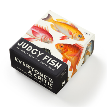 Judgy Fish Game - Judgy Fish Game box featuring colorful handmade Canadian fish illustrations, unique gift packaging.