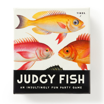 Judgy Fish Game - Judgy Fish party game box with colorful fish illustrations, unique handmade Canadian gift.