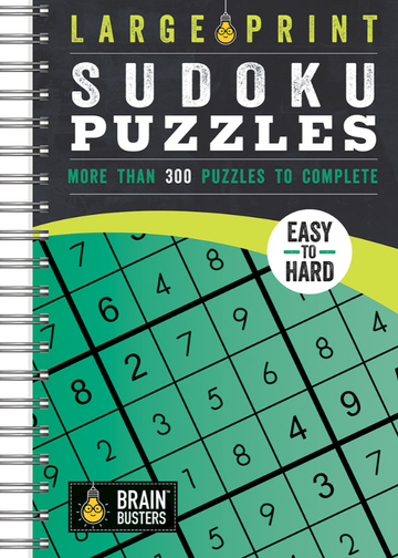 Large Print Sudoku Puzzles Green - Large print Sudoku puzzles book with green cover, spiral binding, handmade Canadian gift edition.