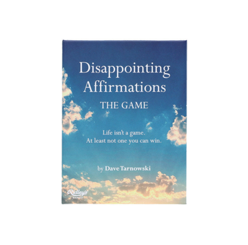 Disappointing Affirmations: The Game - Disappointing Affirmations game box with blue sky and clouds, unique handmade Canadian gift.