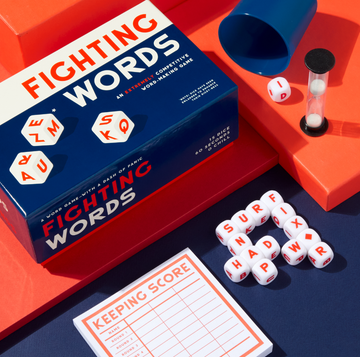 Fighting Words Dice Game - Handmade Canadian Fighting Words dice game with white lettered dice, score sheet, and timer, unique gift packaging.