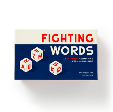 Fighting Words Dice Game - Fighting Words dice game box with red, white, and blue design, unique handmade Canadian word game gift.