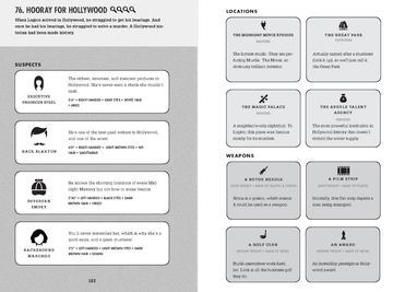Murdle: Volume 1 - Open book spread showing organized text boxes with categories like "Suspects," "Weapons," and "Locations" in a clean,.