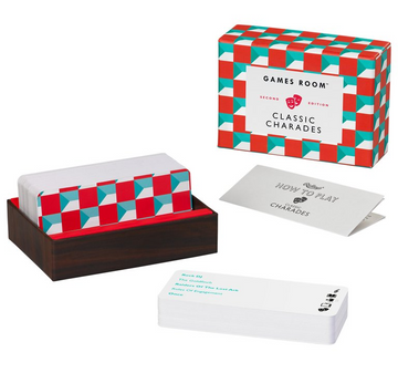 Classic Charades - Classic Charades game set with handmade wooden card holder, red, teal, and white geometric box, Canadian unique gift.