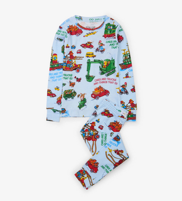 Cars and Trucks and Things that Go Book and Pajama Set - Light blue kids' pajamas with colorful cars and trucks print, unique Canadian handmade gift.