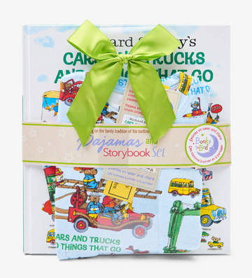 Cars and Trucks and Things that Go Pajamas - Children's pajama set with colorful cars and trucks print paired with matching storybook, tied with green ribbon.
