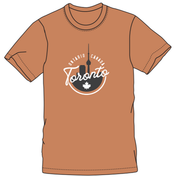 Toronto Adult T-Shirt (various colours) - Rust-colored cotton T-shirt with white "Toronto" script and maple leaf logo in circular "Ontario Canada" design.