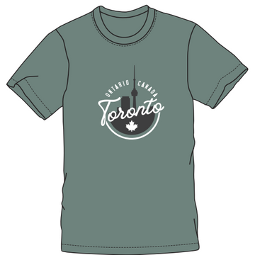 Toronto Adult T-Shirt (various colours) - Muted green short-sleeve cotton T-shirt with round neck and white Toronto Canada script logo including maple leaf.
