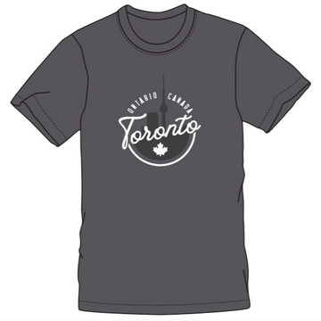 Toronto Adult T-Shirt (various colours) - Dark gray cotton t-shirt with white "Toronto" script and maple leaf emblem on front.