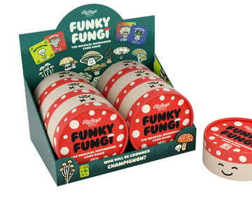 Funky Fungi Game - Stacked cylindrical Funky Fungi Game containers with colorful mushroom designs, unique handmade Canadian gift packaging.