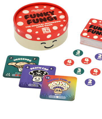 Funky Fungi Game - Round red and white polka dot tin with Funky Fungi game logo, colorful handmade game cards and tokens, unique Canadian gift.