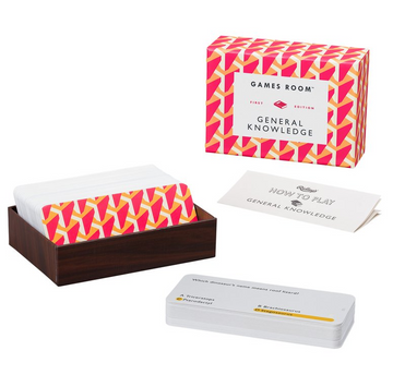 General Knowledge Card Game - Handmade Canadian general knowledge card game with colorful geometric patterned box, wooden tray, and instruction cards,.