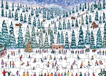 Michael Storrings 12 Days of Christmas Advent Puzzle Calendar - Handmade Canadian Christmas puzzle calendar with festive winter forest and people skating gift design.