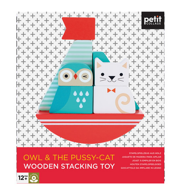 Owl & the Pussy-Cat Wooden Stacking Toy - Canada-themed handmade wooden stacking toy featuring a blue owl and white cat on a red sailboat, unique baby gift.