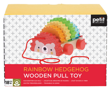Rainbow Hedgehog Wooden Pull Toy - Colorful handmade wooden hedgehog pull toy with rainbow spikes and red wheels, unique Canadian baby gift.