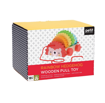 Rainbow Hedgehog Wooden Pull Toy - Wooden rainbow-colored hedgehog pull toy with red wheels and a red string on packaging box.