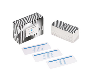What Am I? Card Game - What Am I? card game with black and white striped box and minimalist blue text cards, unique Canadian handmade gift.