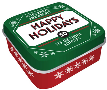 After Dinner Amusements: Happy Holidays - Red and green tin box with snowflake design, labeled Happy Holidays 50 festive activities, unique handmade Canadian gift.