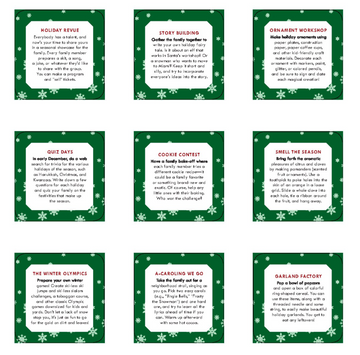 After Dinner Amusements: Happy Holidays - Set of nine green and white Christmas-themed cards with festive snowflake borders, each featuring unique holiday game.