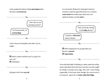 Super Dad Jokes - Open pages of a Super Dad Jokes book showing black text and humorous Q&A-style jokes, unique handmade Canadian gift for men.