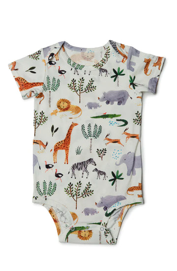 Safari Jungle Bodysuit (Loulou Lollipop) - Handmade Canadian baby bodysuit with colorful safari animals on white, unique gift option.