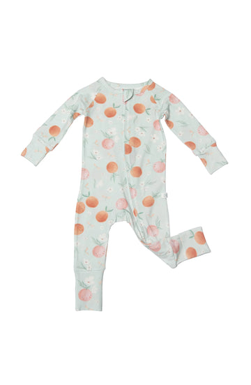 Peaches Sleeper (Loulou Lolipop) - Long-sleeve baby sleeper with peach print, handmade Canadian gift, soft fabric, unique design.