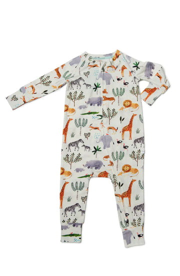 Safari Jungle Sleeper (Loulou Lollipop) - Baby romper with colorful safari animal print, soft cotton, handmade Canadian gift option.