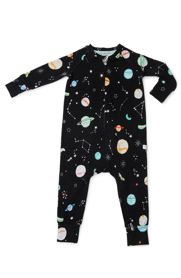 Planets Sleeper (Loulou Lollipop) - Black cotton baby sleeper with colorful planets and constellations, handmade Canadian gift.