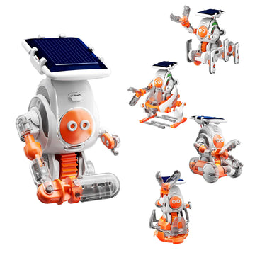 SolarBots: Cosmic Explorers - Handmade Canadian SolarBots Cosmic Explorers STEM toy set with solar panel, orange and white robotic figures, unique.