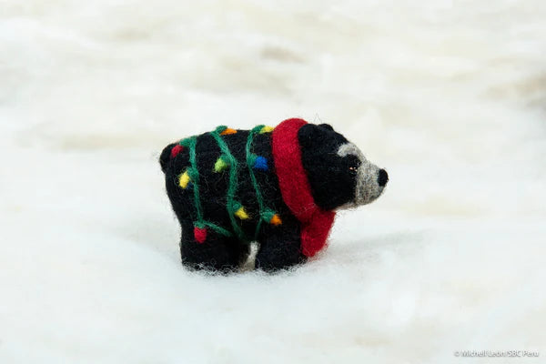 Needle Felted Holiday Spectacled Bear with Lights Ornament