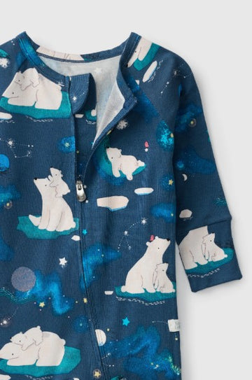 Stargazing Bear Sleeper (Loulou Lollipop) - Blue cotton baby sleeper with white polar bears and icebergs, snap front closure.