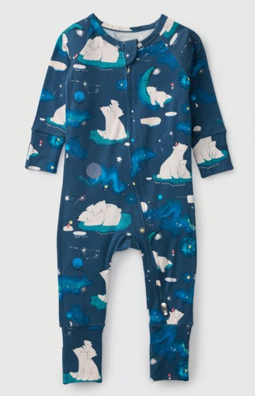 Stargazing Bear Sleeper (Loulou Lollipop) - Navy blue baby sleeper with white polar bears and starry constellation print, long sleeves, zipper front closure.