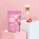 Strawberries & Champagne - Gourmet Popcorn - Pink resealable pouch of Strawberries & Champagne gourmet popcorn with strawberry and champagne glass illustrations, placed.