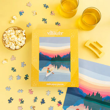 Villager Puzzles | Sunrise Paddle | 1000-Piece Puzzle for Adults - Villager Puzzles Sunrise Paddle handmade Canadian 1000-piece jigsaw puzzle gift with colorful sunset and water scene.