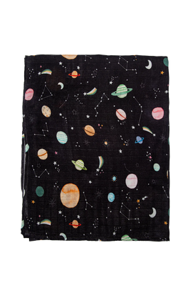 Loulou Lollipop Muslin Swaddle (various patterns) - Black muslin swaddle cloth with colorful illustrated planets and stars pattern.